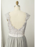 Gray Lace Chiffon Cap Sleeves Open Back Backless Prom Dress